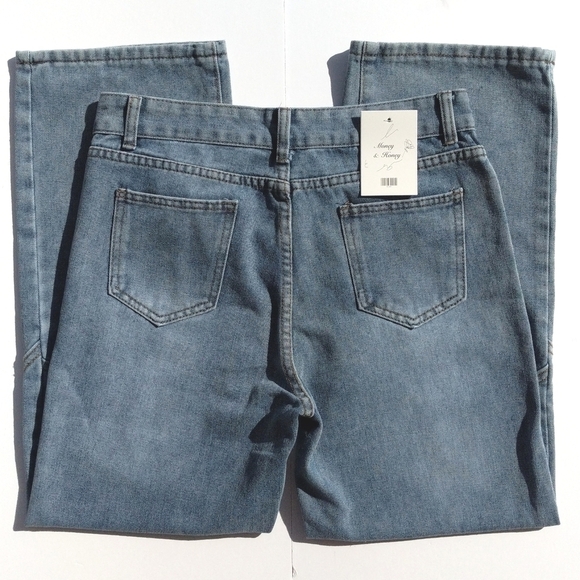 Money & Honey Heart Embroidered Knee Straight Leg Medium Wash High Rise Jeans L - Picture 7 of 16